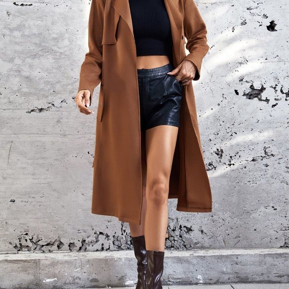 Brown Preppy Womens Lapel Neck Belted Slant Pocket Coat - Picture 5 of 5